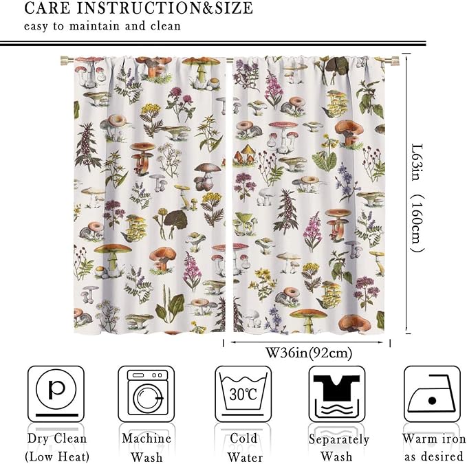 Vintage Botanical Curtains, Rustic Plants Herbs Mushroom Nature Wildflower Print Blackout Window Treatments for Living Room Bedroom Kitchen 72x63in