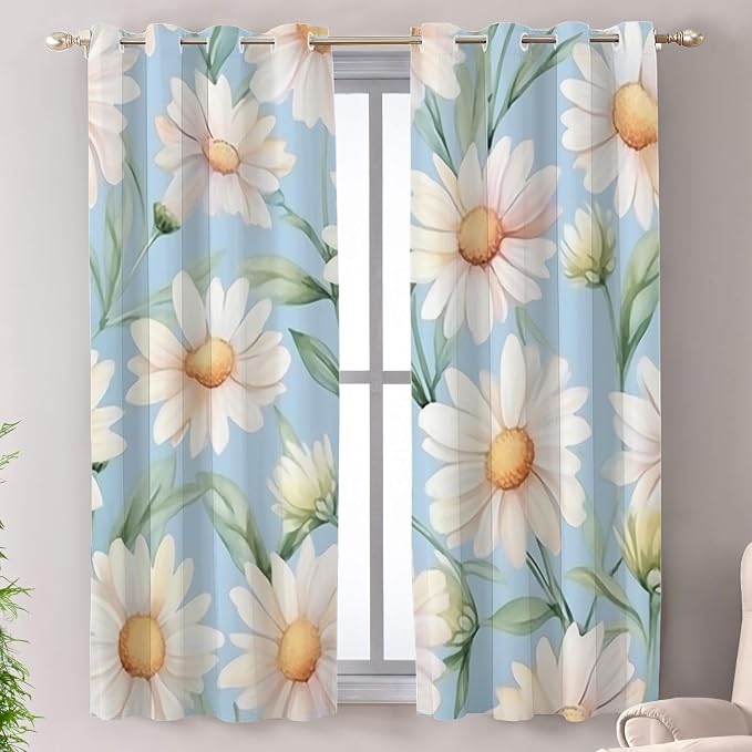 Shrahala Daisies Leaves Thermal Insulated Blackout Window Curtains, White Daisies On Blue Long Drapes for Bedroom/Living Room with Plastic Grommet, 52X63 Set of 2