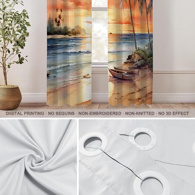 Shrahala Sunset Beach Thermal Insulated Blackout Window Curtains, Tropical Seaside Scene Long Drapes for Bedroom/Living Room with Plastic Grommet, 52X84 Set of 2