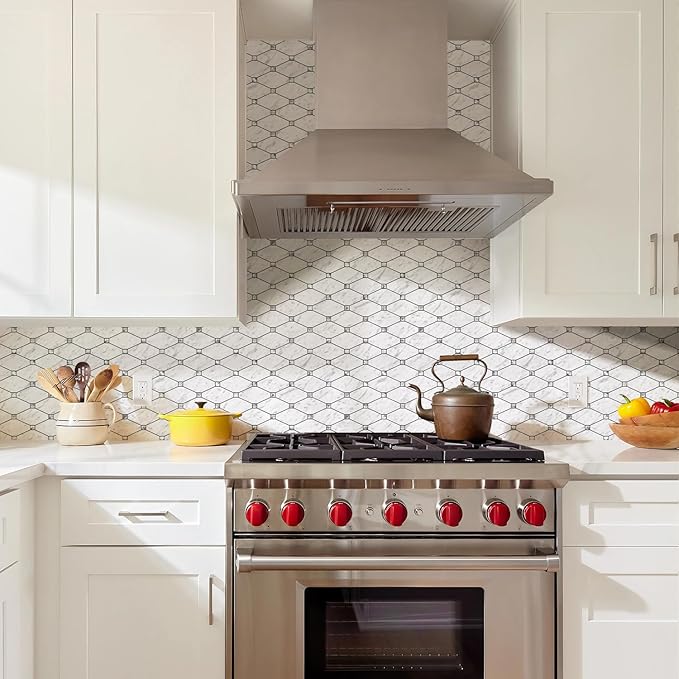 STICKGOO 10 Sheets Peel and Stick Backsplash, Carrara White Stick on Mosaic Tiles for Kitchen Wall Decor, PVC Mixed Glass Self Adhesive Peel and Stick Tile