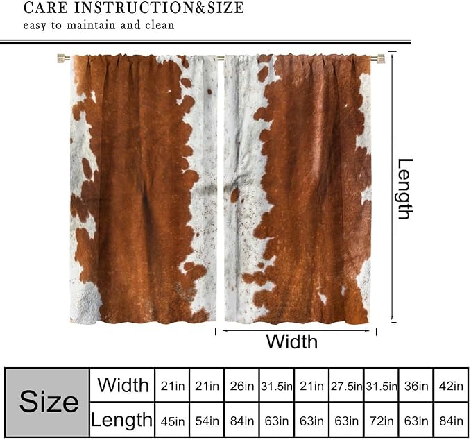 Cowhide Blackout Curtains, Retro Farmhouse Animal Spotted Brown White Cow Texture Print Rod Pocket Curtain Window Treatments 2 Panels Drapes for Nursery Living Room Bedroom Office Decor 84"W X 84"L