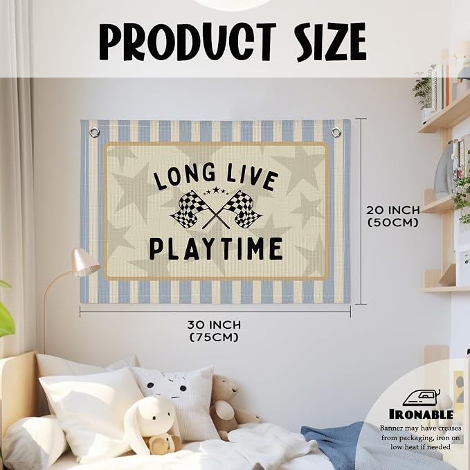 Playroom Decor Wall Banner "Long Live Playtime" 20x30 Inch, Race Car Room Decor for Boys - Nursery Kids Bedroom Wall Hanging, Toddler Children's Kids Room Decor