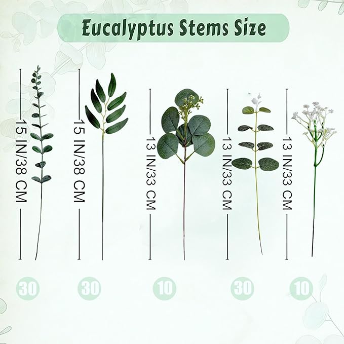110 Pcs Mixed Artificial Eucalyptus Stems with Baby's Breath, 5 Kinds Faux Greenery Stems Bulk for Wedding DIY Bouquets, Realistic Silk Silver Dollar Eucalyptus Leaves for Vase, Home & Party Decor