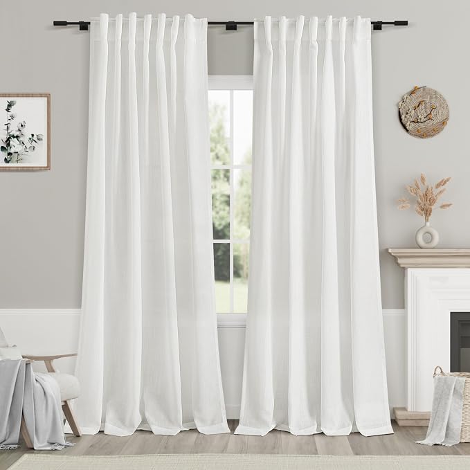 Nanspring White Linen Curtains 99 Inches Long 2 Panels Set Back Tab Rod Pocket Semi Sheer Light Filtering Window Curtain Drapes Modern Aesthetic Long Curtains for Living Room Bedroom Decor 52x99