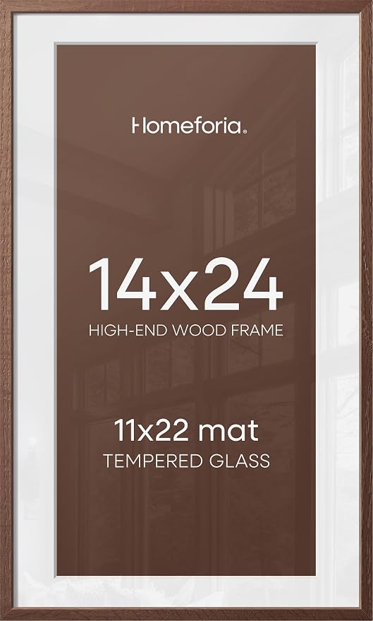 Homeforia 14x24 Picture Frame Brown, High End Dark Oak 14x24 Poster Wood Frame with Mat 11x22 for Photo, 14 x 24 Wooden Walnut Frame Matted to 11 x 22, 24x14 Frames, Tempered Glass, Wall Kit, Set of 1