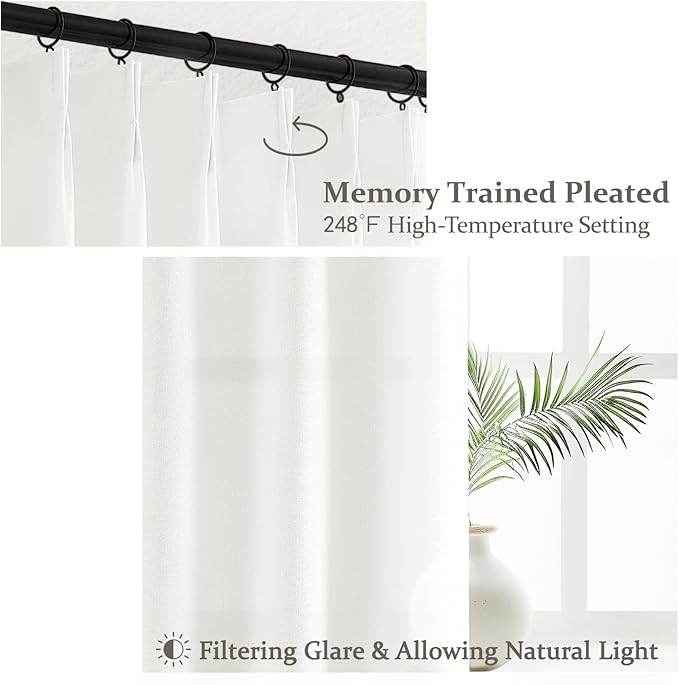Extra Long Pinch Pleat Snow White Semi Sheer Curtains 108 Inches Long for Living Room, Luxury Linen Blend Viral Drape Light Filtering Privacy Floor to Ceiling Dining Room Curtain Back Tab Panels 2 Set
