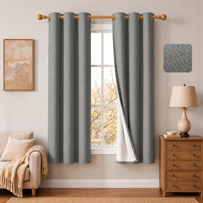 2 Panels 100% Blackout Linen-Textured Curtains, Thick Thermal Insulated Grommet Drapes with Subtle Herringbone Weave, Luxury Decor for Bedroom/Living Room, 37 x 72 Inches, Grey