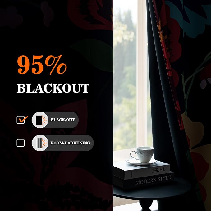 MYSKY HOME Black Boho Floral Blackout Curtains for Bedroom 63 inch Long Botanical Leaf Black Out Curtains for Living Room Thermal Insulated Room Darkening Noise Reduction Window Drapes, 2 Pcs, 52Wx63L