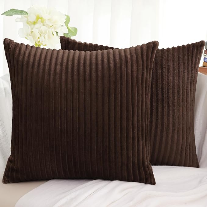 Simmore Decorative Fall Throw Pillow Covers 16x16 Set of 2, Soft Natural Plush Flannel Double-Sided Fluffy Couch Pillow Covers for Sofa Living Room, Brown