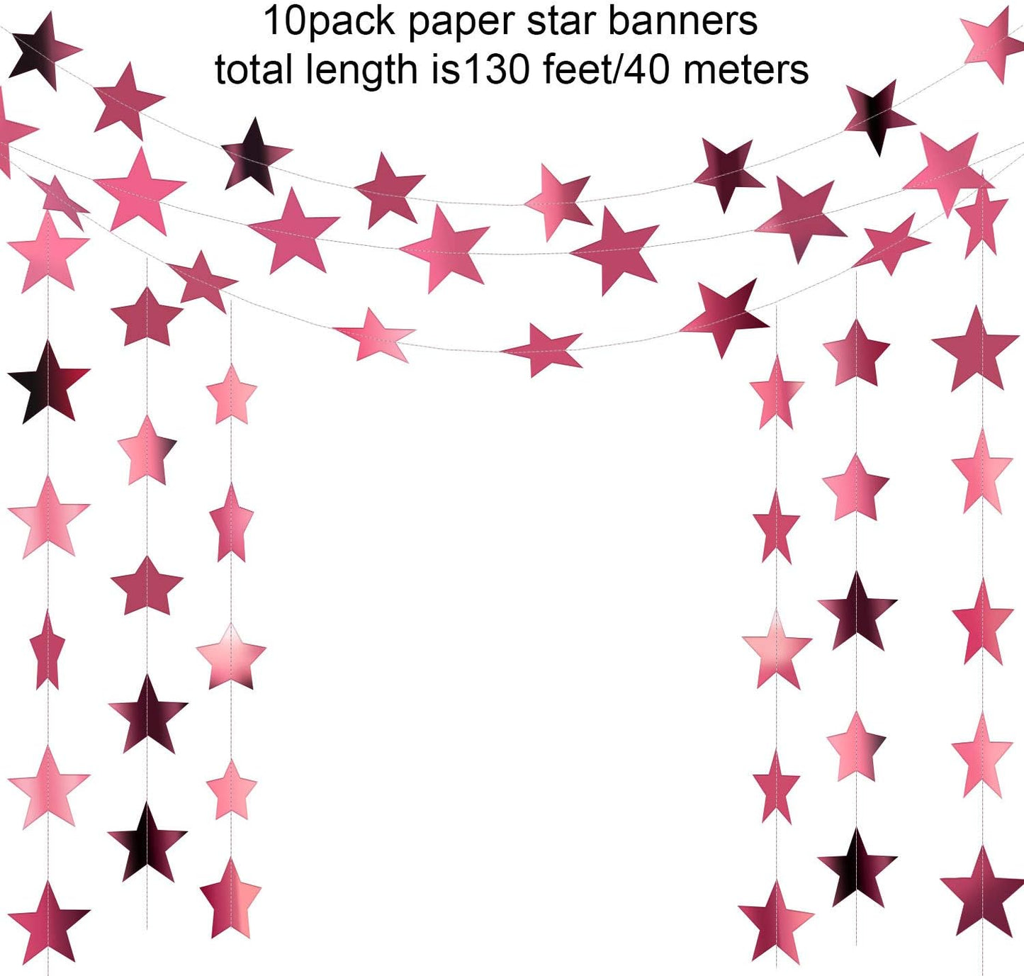 Patelai Glitter Star Garland Banner Decor 130 Feet Star Hanging Bunting Banner Twinkle Backdrop for Homecoming Classroom Wedding Birthday Halloween Christmas Party Supplies(Rose Pink)