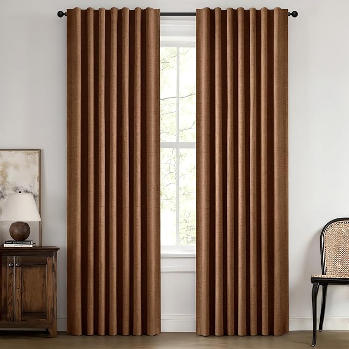 MIULEE 100% Blackout Linen Curtains for Bedroom, Brown Solid Luxury Decor Thermal Insulation Room Darkening Drapes for Living Room Back Tab Rod Pocket 42 x 72 Inches, 2 Panels