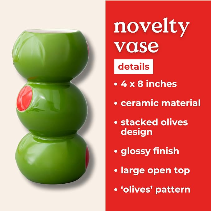 ban.do Novelty Ceramic Vase, Stacked Olives | Unique Decorative Vase, Nostalgic Green Martini Olives Vintage Decor for Home, Kitchen or Bar Cart