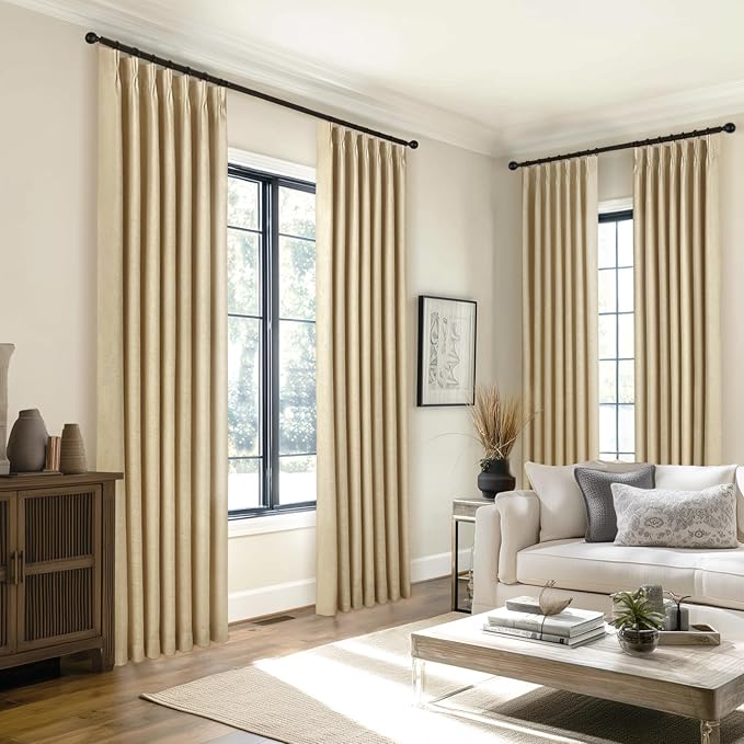 Topfinel Pinch Pleated Full Blackout Curtains 84 Inch for Bedroom Living Room,Fall Sand Beige Double Layer Linen Blended Room Darkening Back Tab Pinch Pleat Drape with Hooks Rings 2 Panel 40" Wx84 L
