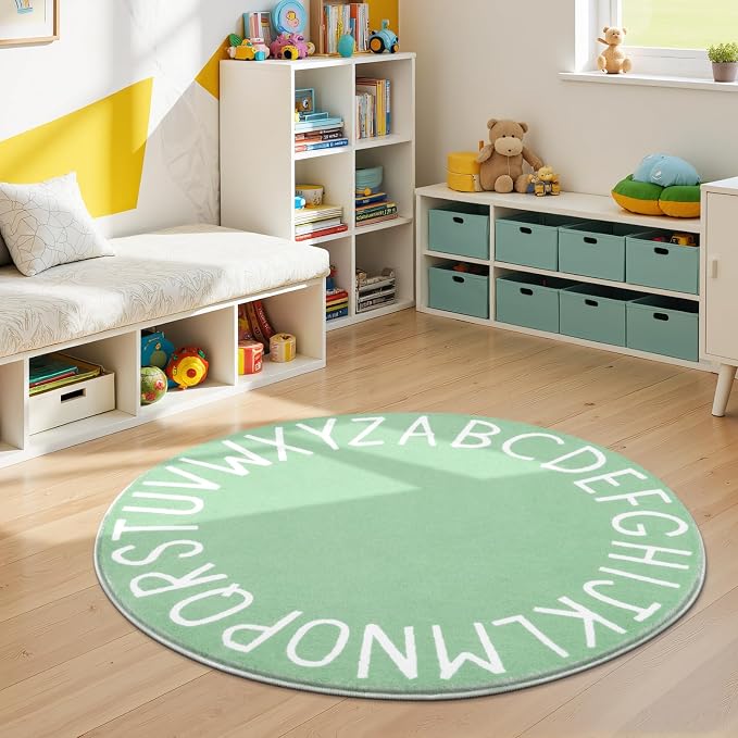Topotdor Round Kids Play Rug Alphabet Nursery Area Rug Extra Large Soft Crawling Play Mat for Children Toddlers Bedroom (47 inch, Sage Green)