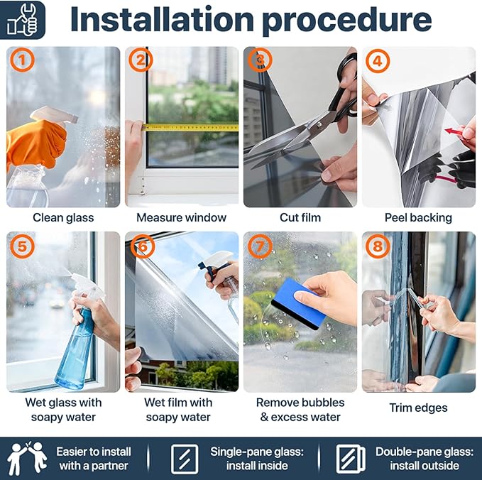 Bloss One Way Privacy Window Film, Reflective Window Tint for Home, Daytime Privacy Film See Out Not in, Sun Blocking Anti UV Windows Coverings with 3 Tools (Black Silver, 35.4"x118.1")