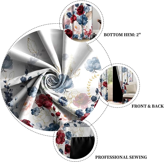 Renaiss Floral Blackout Curtains Watercolor Gray Blue and Red Peony Flower Bloossom Thermal Insulated Window Drapes for Bedroom 53W x 96L inches 2 Panel Set Window Curtains for Living Room