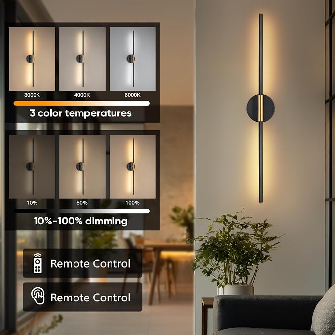Battery Operated Wall Sconces Set of Two 360° Rotate Wireless Rechargeable Light Dimmable with Remote - Black Gold Modern Sconces Cordless Wall Decor for Home Bedroom Timer 31.5 Inch
