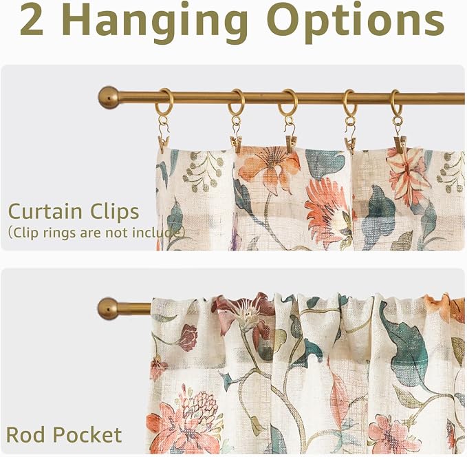 jinchan Hattie Floral Linen Kitchen Curtains 36 Inch Length Vintage Cottage Core Farmhouse Cafe Curtains Light Filtering Small Window Drapes for Living Room Bathroom Rod Pocket 2 Panels Beige