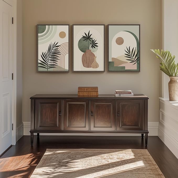 Framed Sage Green Boho Wall Art Bedroom, 3 Piece Neutral Bohemian Botanical Paintings Prints Canvas Artwork for Walls, Large Mid Century Modern Pictures for Living Room Kitchen Wall Decor, 16x24 Inch