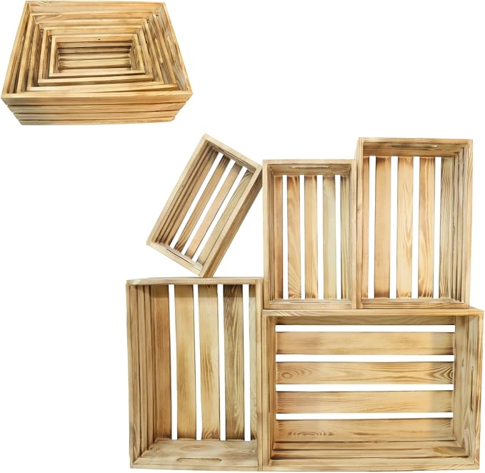 5 Pcs Wooden Crates for Display, Nesting Wood Crate for Storage, 5 Size | Farmhouse Weddings Wooden Basket for Storage Container and Decorations, Rustic Wood Crates for Farmers Market, Birthday, DIY