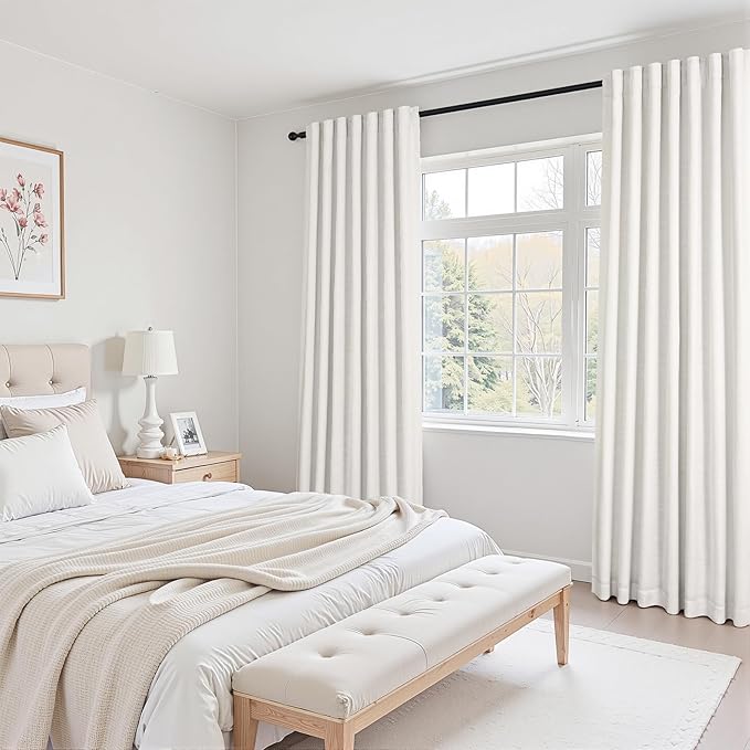 Topfinel 100% Blackout Linen Curtains 90 Inch Long 2 Panels Set, Full Light Blocking Natural Drapes with Back Tabs for Track System, Thermal Insulated Sliding Door Panels Natural 52" W*90" L
