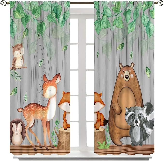 Rustic Animal Curtains, Wild Forest Animal Bear Fox Deer Kids Window Treatments for Living Room Bedroom, Farmhouse Woodland Blackout Drapes 2 Panel Sets, 63x63 Inch