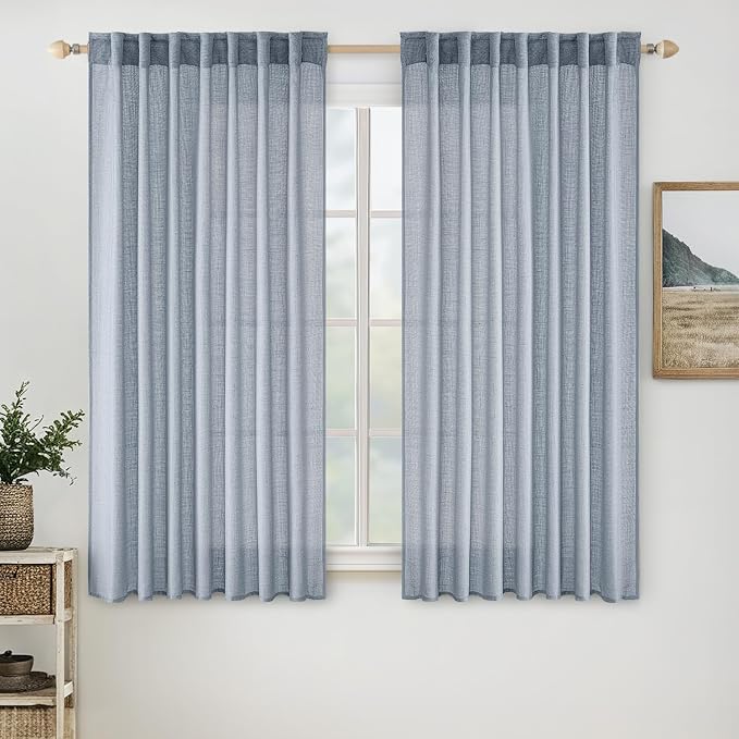 MIULEE Chambray Blue Linen Curtains 45 Inch Length 2 Panels for Bedroom Living Room, Soft Linen Textured Window Drapes Semi Sheer Light Filtering Back Tab Rod Pocket Farmhouse Modern Burlap Look Decor
