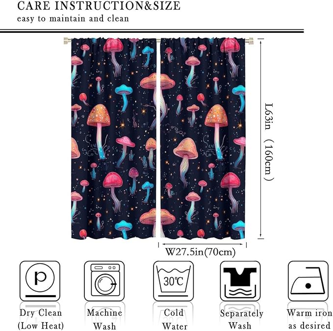 Fantasy Mushroom Curtains,Colorful Plant Print Window Treatments for Bedroom Living Room Kitchen Cartoon Herbs Floral Polyester Fabric Window Drapes 2 Panels Set,Total Size 55 x 63 Inch