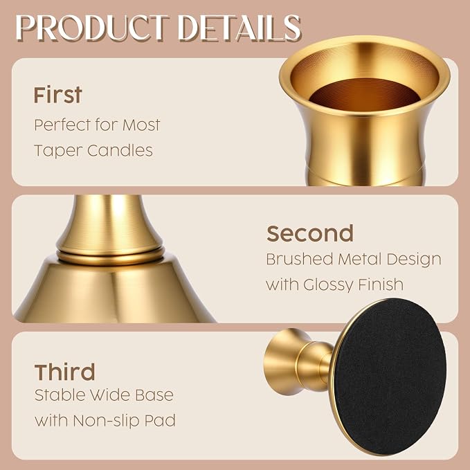 6PCS Brass Gold Taper Candle Holders Set, Vintage Metal Candlestick Holders for Table Centerpiece, Wedding Reception, Festive Christmas Mantel Decoration or Home Decor