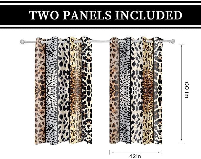 Wild Animals Print Curtain, Leopard Boa Skin Room Darkening Thermal Insulated Blackout Leopard Boa Window Drapes with Grommets for Living, Dining, Bedroom, Set of 2 Panels (42x60in)