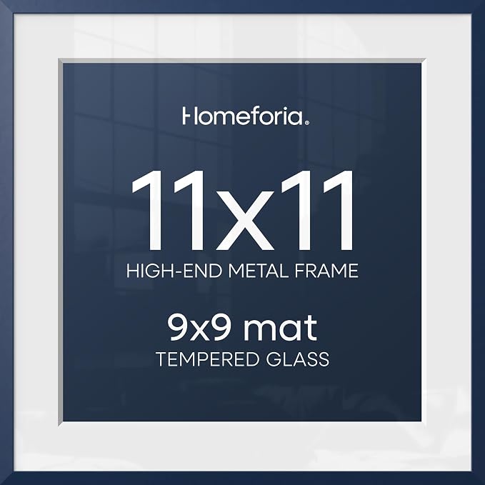 Homeforia 11x11 Navy Blue Picture Frame, High End Metal 11 by 11 Square Frames with Mat 9 x 9 Photo, 11by11 Poster Frame Matted to 9x9 inch Art, Wall Hanging Frames, Tempered Glass, Wall Kit, Set of 1