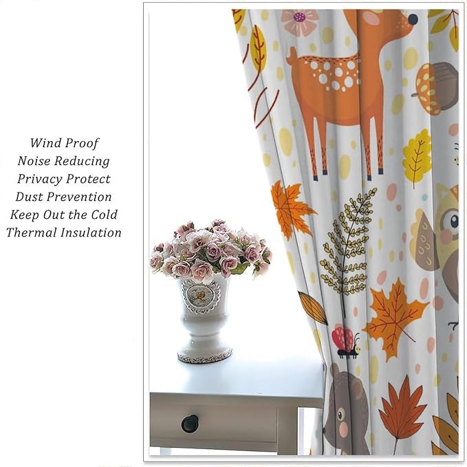 YCness Kids Boys Girls Curtains, Jungle Animal Autumn Forest Cartoon Deer Rabbit Fox Owl Print Pattern Window Drapes for Nursery Baby Bedroom Playroom Living Room 2 Panel Sets,42x45 Inch