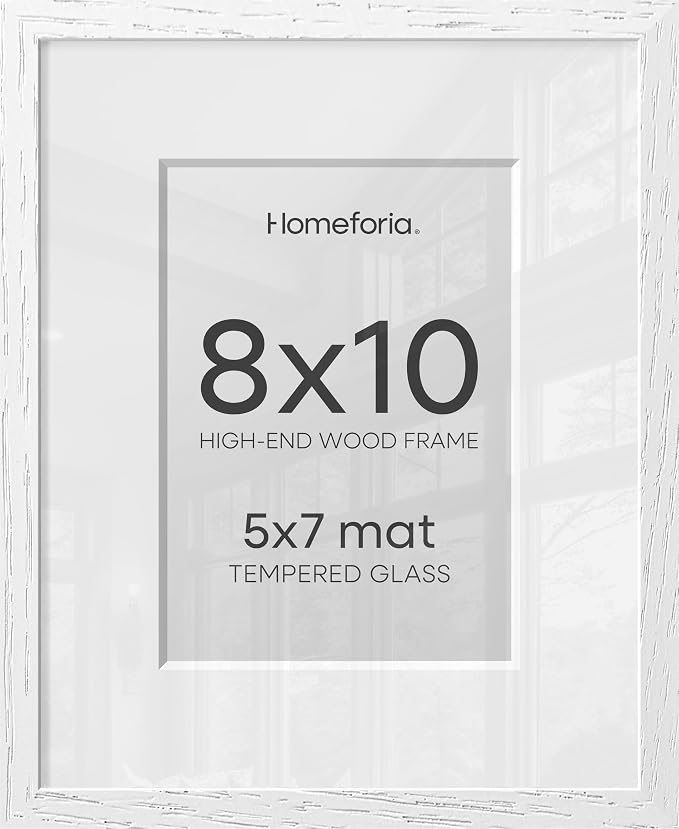 Homeforia 8x10 Picture Frame White, High End Oak 8 x 10 Wooden Frames with Mat 5 by 7 Print, 8x10 Wood Frame Matted to 5x7 inch Photo, 8by10 Wall or Tabletop Frames, Tempered Glass, Wall Kit, Set of 2