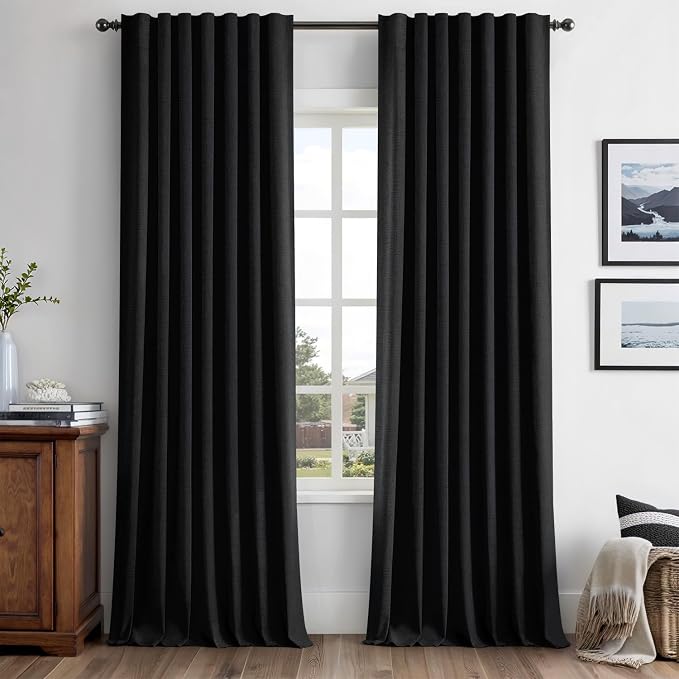 MIULEE 100% Blackout Linen Curtains for Bedroom, Black Solid Luxury Decor Thermal Insulation Room Darkening Drapes for Living Room Back Tab Rod Pocket 42 x 96 Inches, 2 Panels