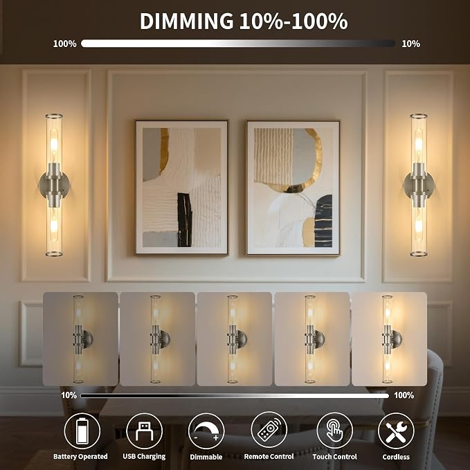 Rayogale Nickel Wireless Battery Operated Wall Sconces with Remote Control | Glass Rechargeable Wall Lights Set of 2 with Timer Function Dimmable for Living Room Bedroom Emergency 3000K, 20.5 Inch