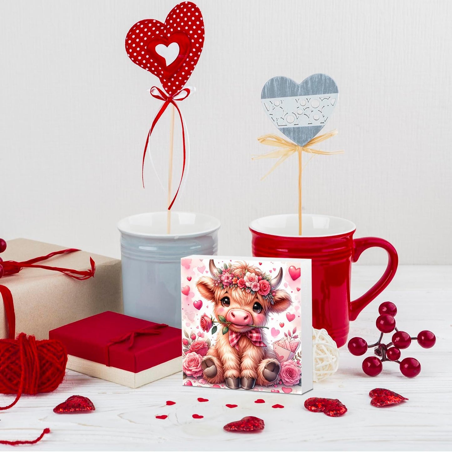Valentines Day Decor Valentines Day Decorations Valentines Day Office Decor Valentines Day Table Decor Pink Valentines Day Decorations Highland Cow Gifts for Boyfriend Girlfriend, Wooden Decor Sign