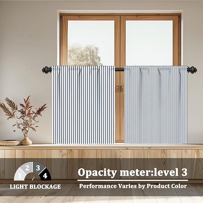 Renaiss 26 x 30 Inch Blue Stripe Kitchen Curtains Heavy Linen Tier Curtain Ticking Stripe Small Curtain for Living Room Bathroom Cafe Small Window Farmhouse Rustic Pinstripe Rod Pocket Drapes 2 Panels