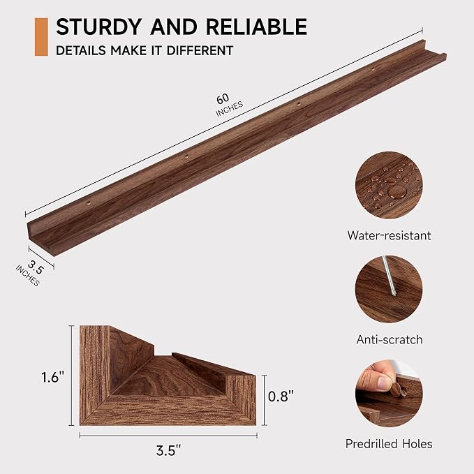 Fun Memories Picture Ledge Shelf, 60 Inch Floating Shelves Set of 2, Large Nursery Book Shelves for Toys Storage, Kids Bookshelf Wall Mounted for Wall Decor Books Photo Frames, Walnut