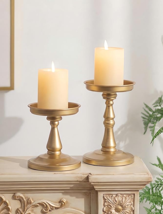 NUPTIO Large Gold Pillar Candle Holders, Set of 2 | Wide Metal Pedestals Fit up to 4-In Dia Pillars and Jars, Vintage Ornate Stands, for Dining Table Centerpieces, Mantel Decor