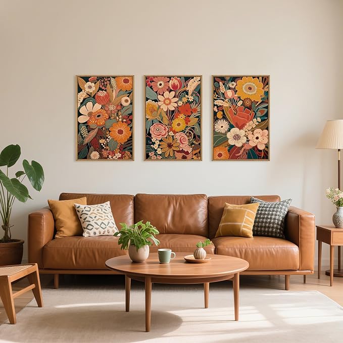 Large Brunt Orange Floral Framed Canvas Wall Art,Colorful Vintage Blossom Wall Decor, Boho Retro Flower Artwork,Mid Century Wildflower Botanical Art Print for Living Room,Bedroom- 16"x24"x3