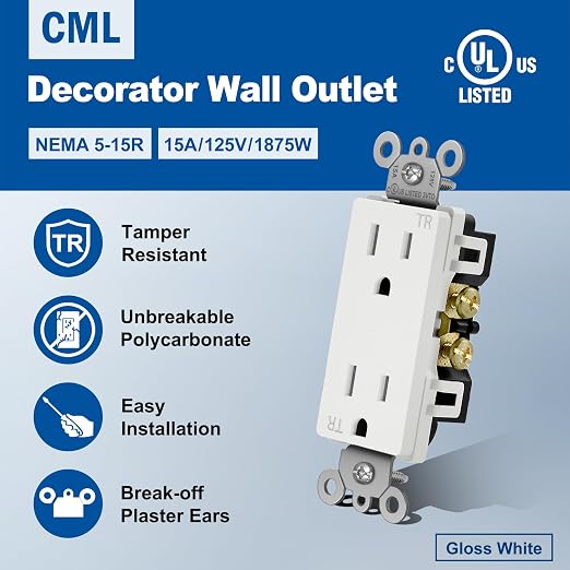 (100 Pack) CML 15 Amp Decor Wall Receptacle Outlet, Child-Safe Tamper Resistant (TR), 15A/125V, Standard Decorator Electrical Outlet, UL Listed, White