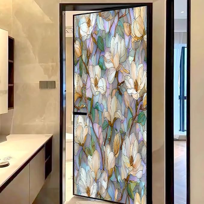 Elegant Floral Plants Stained Glass Window Film, Classic Magnolia Blossoms Peel and Stick Privacy Film, Frosted Adhesive Vinyl Decorative for Bathroom Windows Glass Doors, 31.5Wx47.2L inch