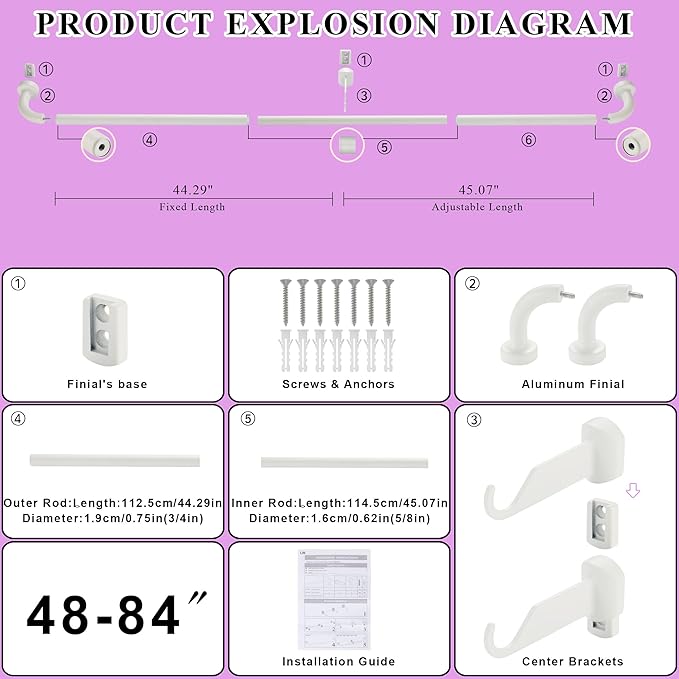 Matte White Disc Curtain Rods, 48-84 Inches Window Curtain Rod,Adjustable Room Darkening Drapery Rod with Aluminum Finials and Brackets,Wrap Around Design