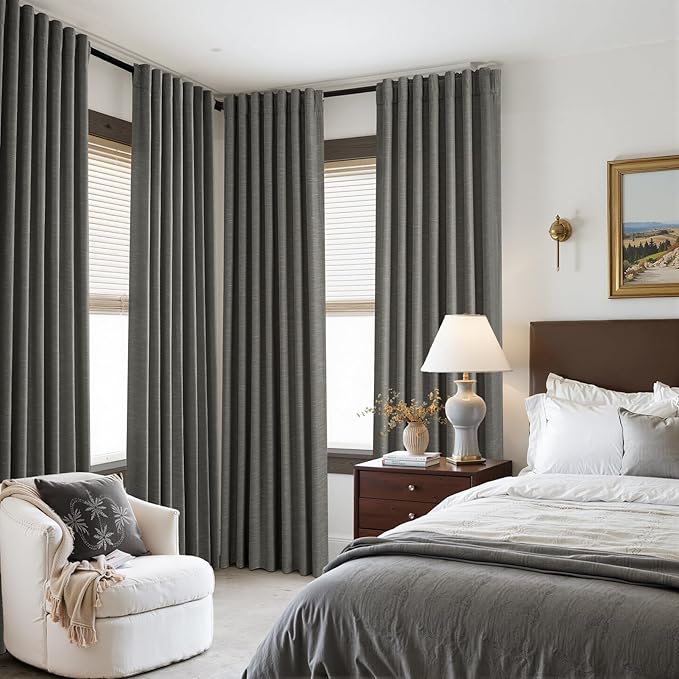 Topfinel Charcoal 90 Inch Long Blackout Bedroom Curtains Back Tab & Rod Pocket, Modern Farmhouse Blend Linen Panels for Track System, Modern Chic Carbon Grey Noise Cancelling Drapes 52" W*90" L