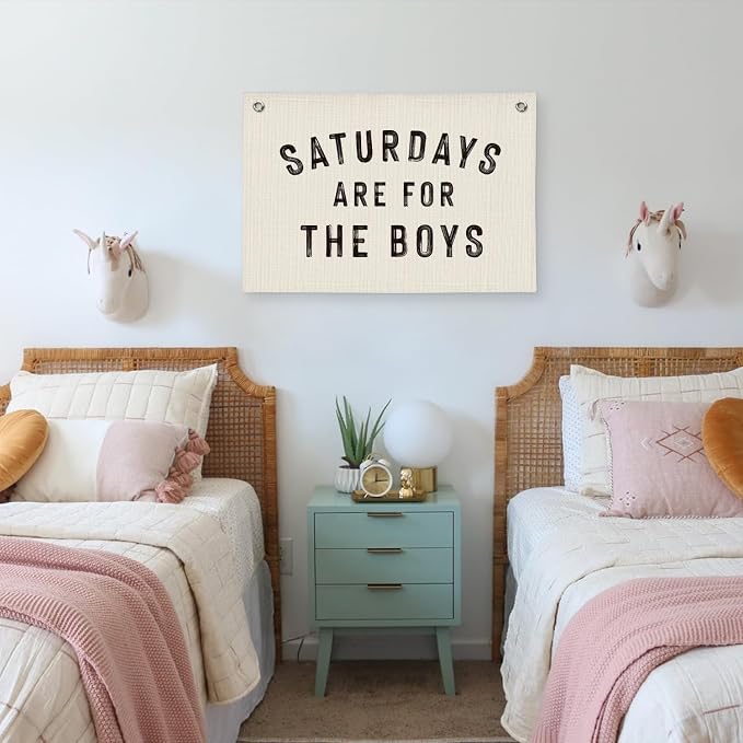 Boy Nursery Playroom Decor, Saturdays Are for The Boys Canvas Banner Wall Hanging Banner Flag Decor for Nursery Classroom Playroom Kids Room, Playroom Essentials, 26x19 Inch, Beige