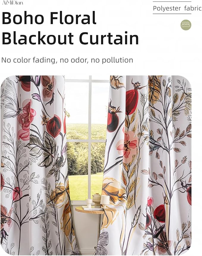 Floral Blackout Curtains 63 inch Long 2 Panel Set 42x63,Retro Rusitc Watercolor Plant Flowers Butterfly Painting Room Darkening Thermal Insulated Drapes Window Curtains for Bedroom Living Room Decor