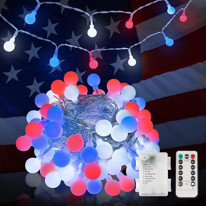 suddus 100LED Globe String Lights Battery Operated Red White and Blue Light | 33 FT Globe Lights with Timer 8 Mode, Fairy Lights for Flag, Backyard, Patio,Bedroom, Living Room Decoration