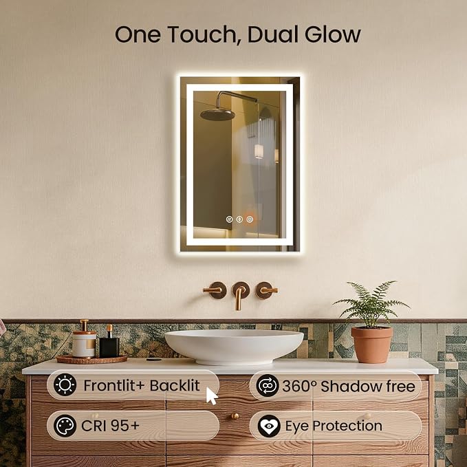 20X28 LED Bathroom Mirror with Lights, Anti-Fog, Backlit + Front Lit (CRI>90), Lighted Bathroom Vanity Mirror for Wall, Memory Function, Dimmable, Tempered Glass, Shatter-Proof