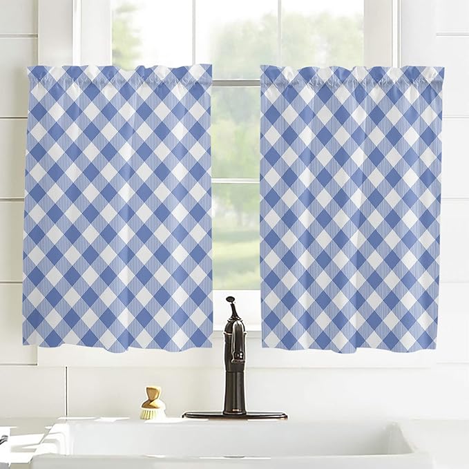 45 Inch Long Tier Curtains for Kitchen, Pastoral Style Blue Lattice Bathroom Window Curtains Rod Pocket Short Curtains Window Treatment Tiers for Living Room Farmhouse 2 Panels
