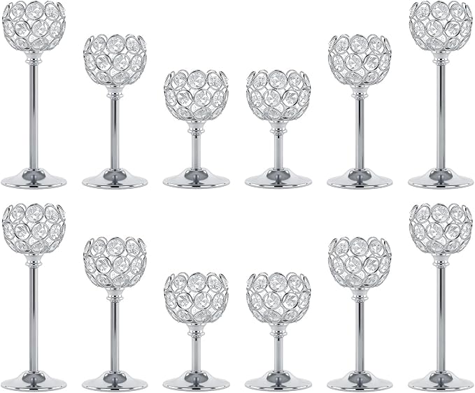 Crystal Candle Holders 4 Set of 12 - Sliver Vintage Hollow Ball Candle Stand for Table Centerpiece, Crystal Metal Tealight Candlestick for Wedding, Dining Room Decor